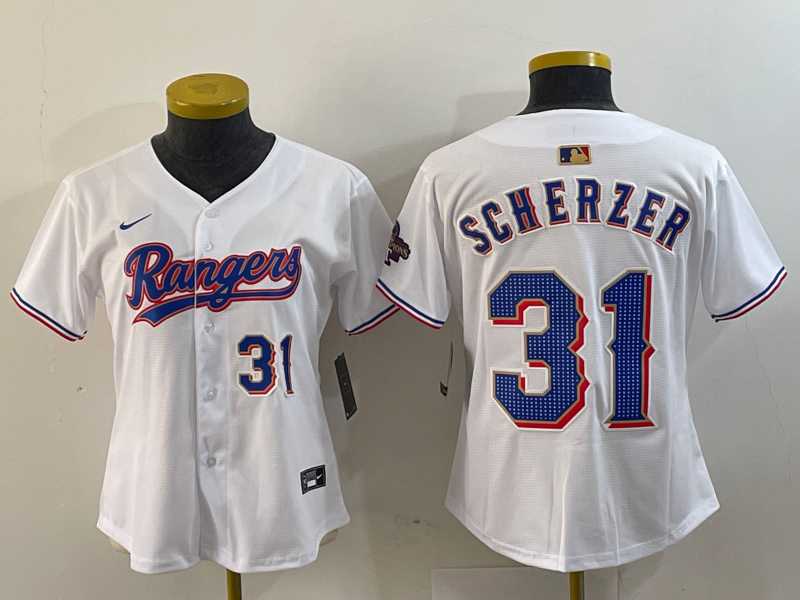Women%27s Texas Rangers #31 Max Scherzer Number White 2024 Gold Collection Limited Cool Base Jerseys